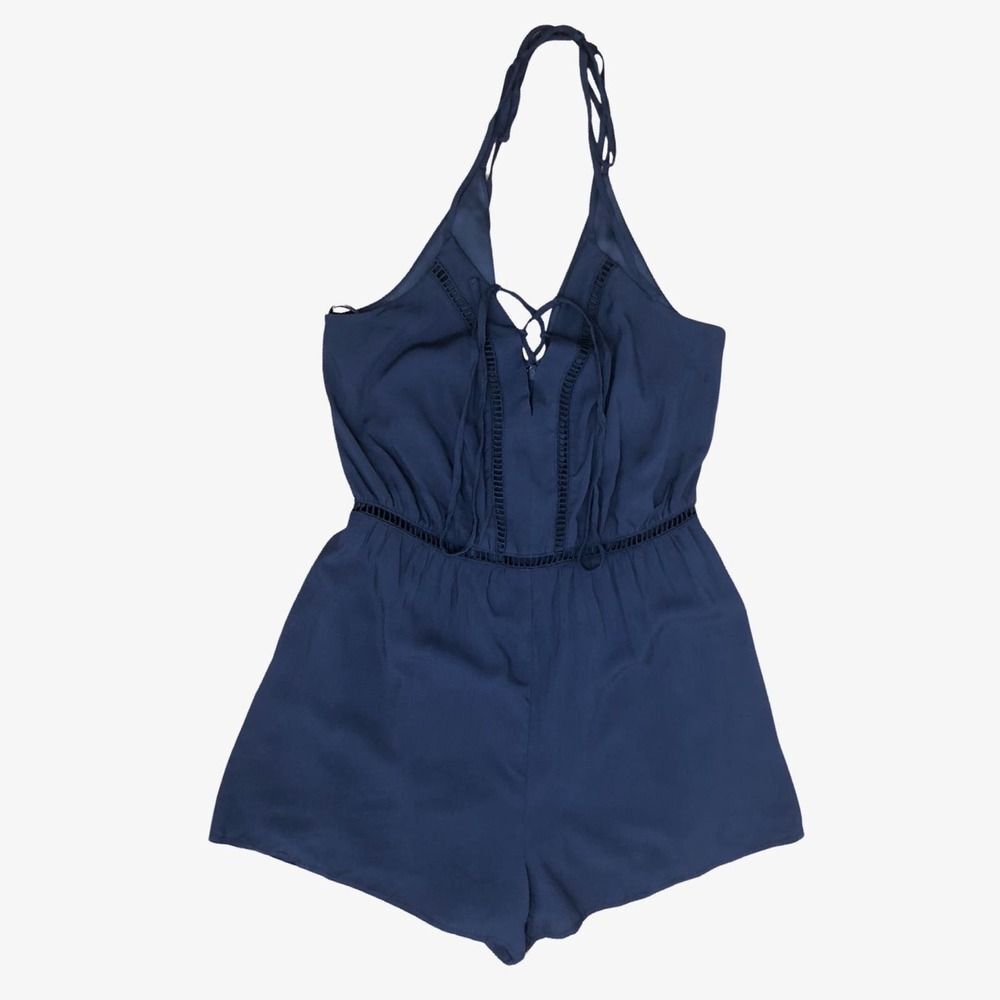 Blue Rain Romper XS Navy V Neck Short Boho Crisscross Short Zipper Sleeveless